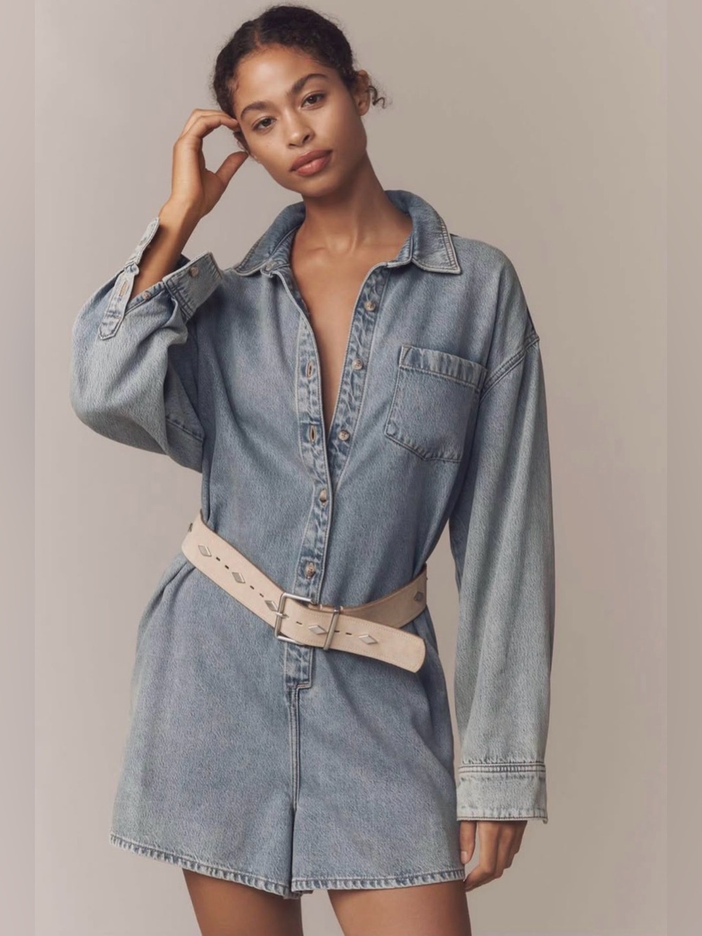 GOOD AMERICAN Long Sleeve Denim Romper